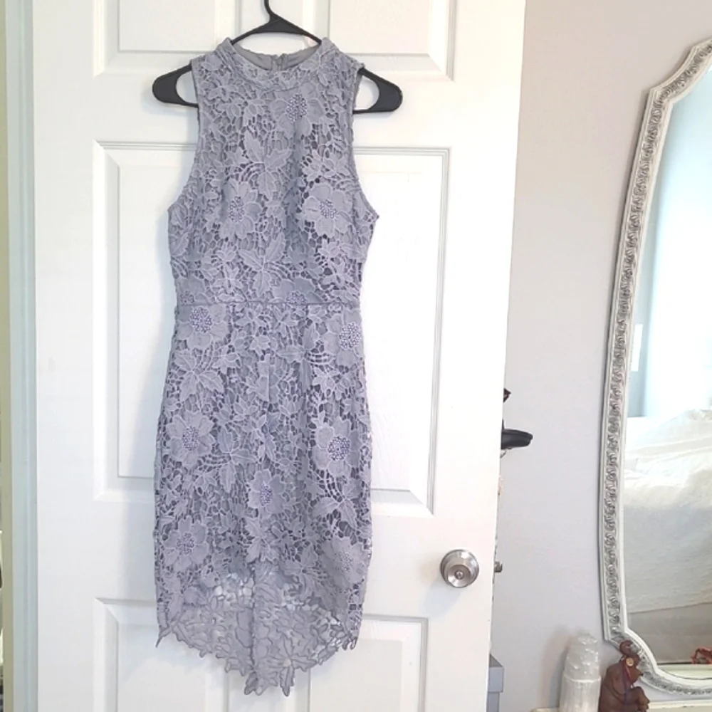 Astr Pastel Baby Blue Allover Lace Hi-Lo Halter Neck MidiDress Fits Like XS